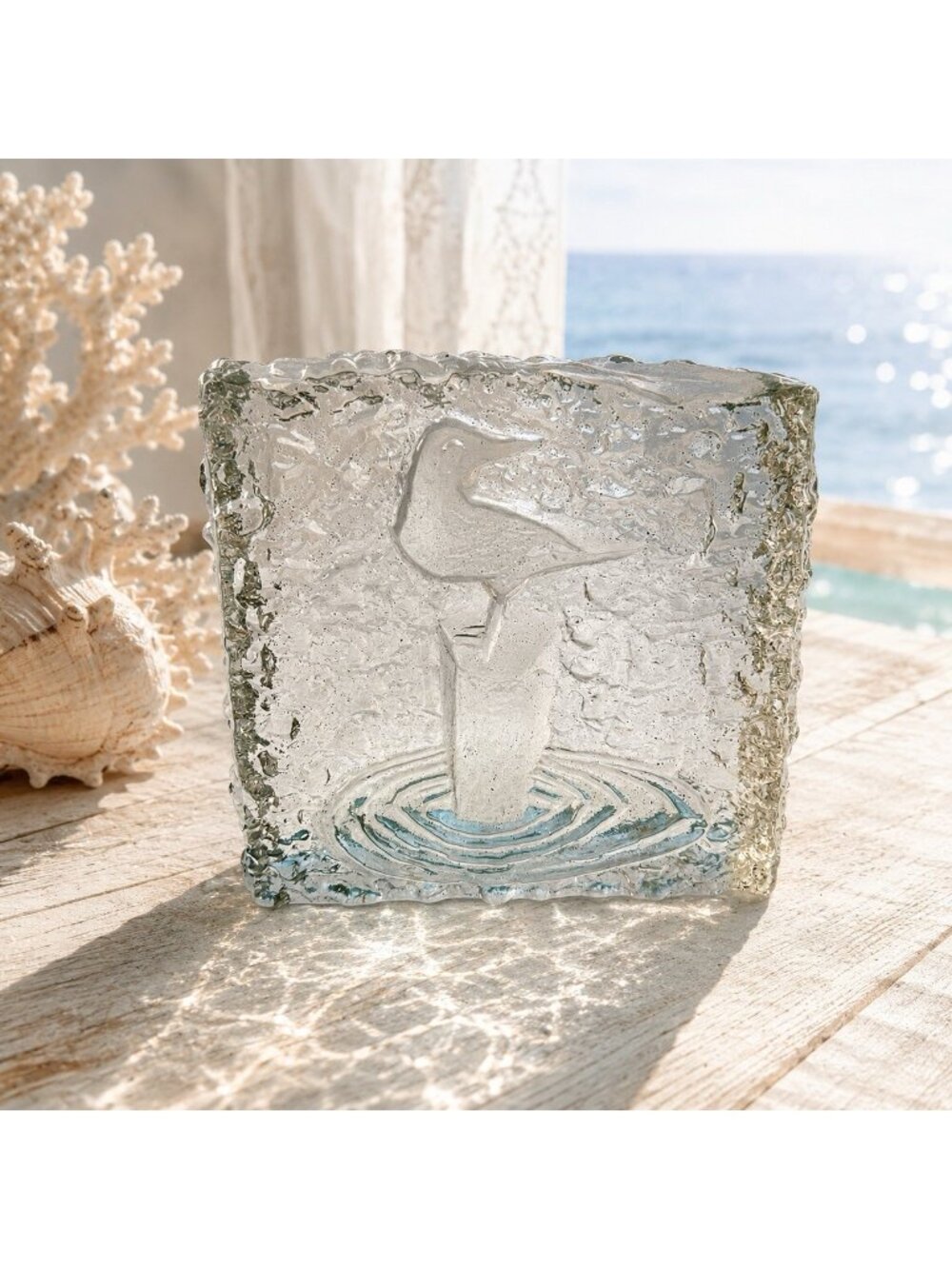 Vintage Blenko Glass Ice Floe Bookend Paperweight Don Shephered Seagull Coastal